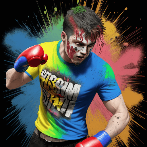 AI generated: tshirt design, colourful, no background, a man punching by another with bruise on his face, dancing ...