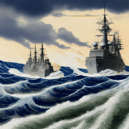 AI generated: Amidst the roiling waves of the Tsushima Strait, a historic naval confrontation unfolds. The clashin...
