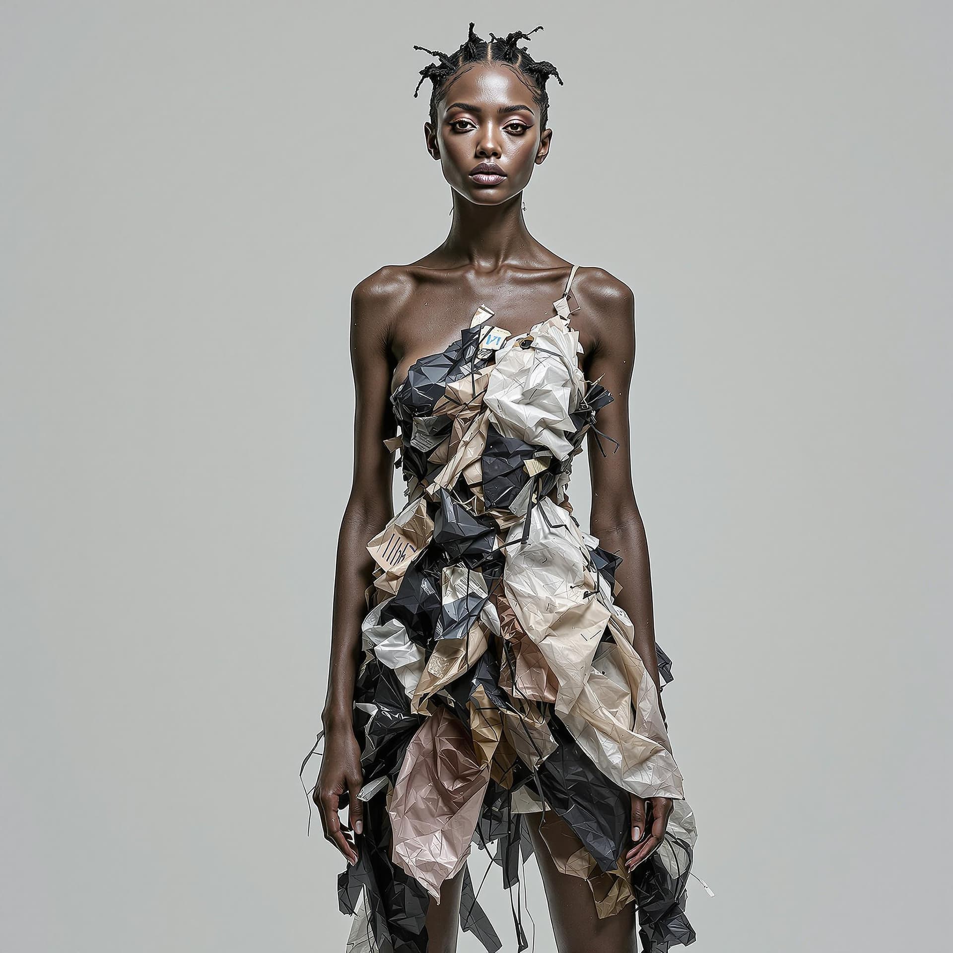 AI generated: high fashion portrait of a woman with rough skin, wearing a dress made from tattered plastic bags an...