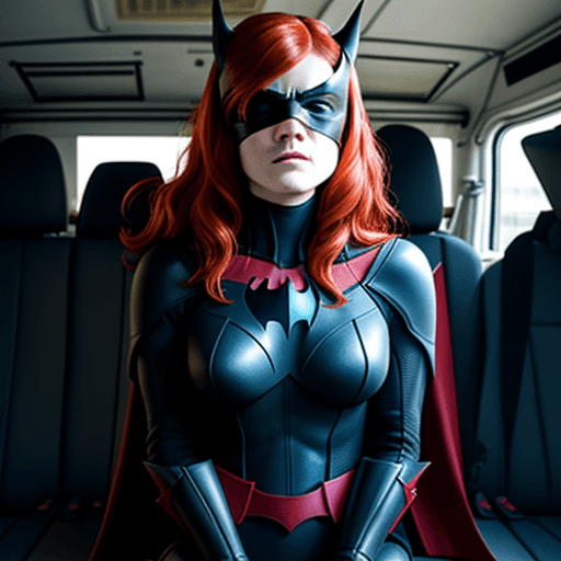 AI generated: Rose Leslie dressed as Batwoman, with a blindfold covering her eyes, sitting in the back of a van, h...