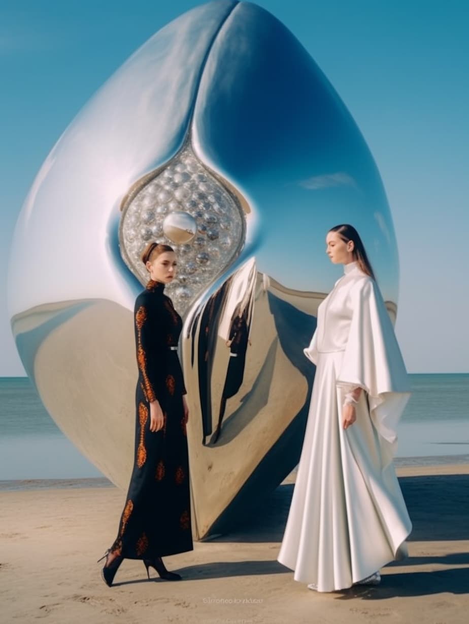 AI generated: a couple of women standing next to each other on a beach, a surrealist sculpture, tumblr, slavicturi...