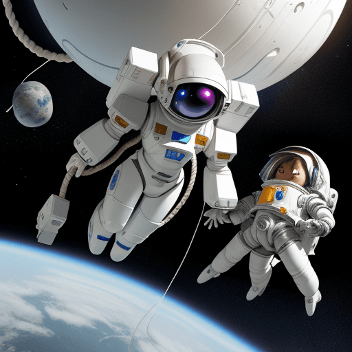 AI generated: a girl with white armor and her small robot friend floating in space with a white rope connecting ea...