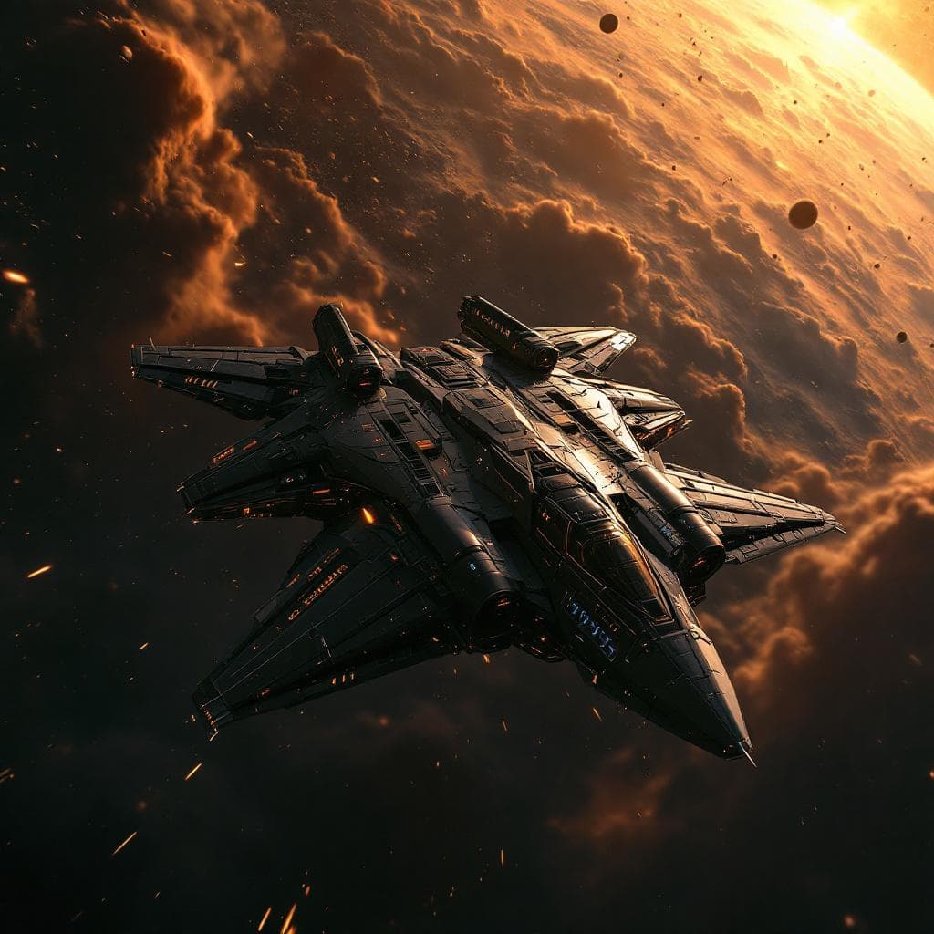 AI generated:  Condor inspired space fighter, complex texture, deep space, sci-fi, high-tech, homeworld game style...