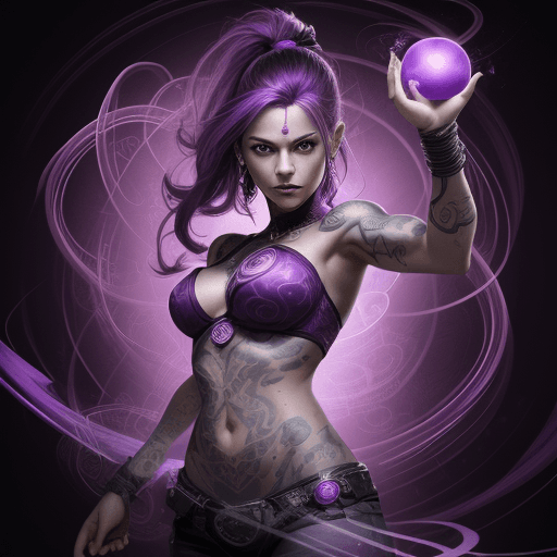 AI generated: The image portrays a female character with a tattooed arm, holding a purple orb, set against a purpl...