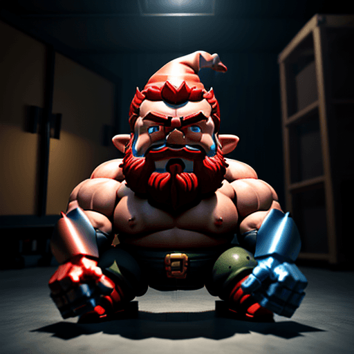 AI generated: a very muscular gnome fighting a robot, hyper realistic, 8k, volumetric lighting, 3D 