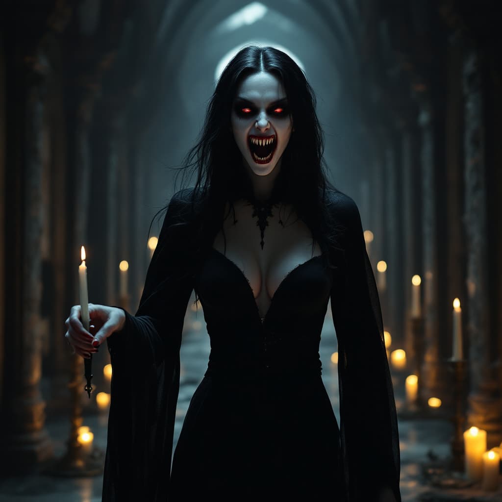AI generated: female vampire, a vampire woman nosferatu 
with enormously long incisors with her mouth open, reveal...