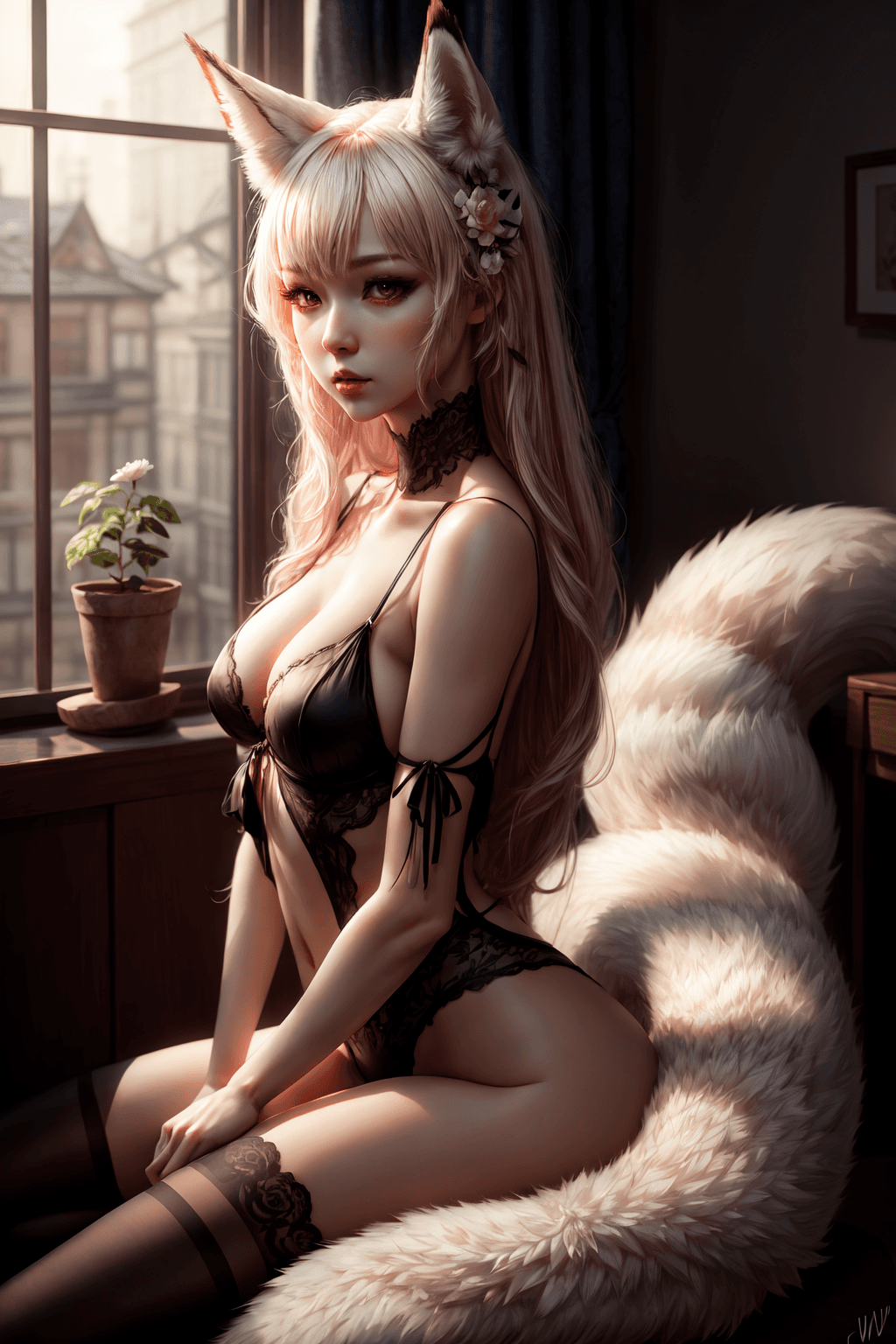AI generated: fluffy nine-tailed fox girl by Wlop and Guweiz, Hyper-realistic, photography, real, professional, 8k...
