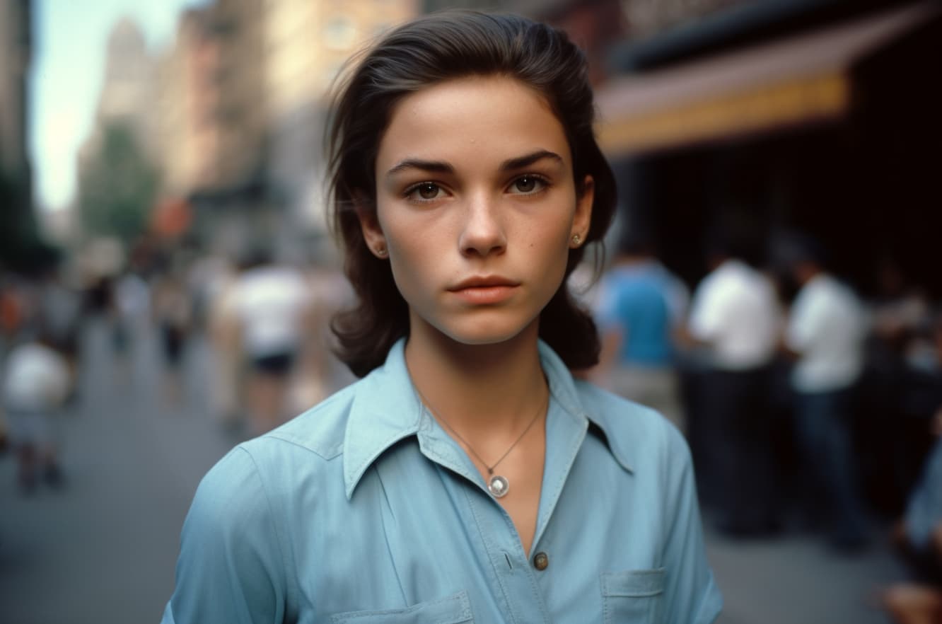 AI generated: ((waist photo)) beautiful young model in the streets of New York, wearing light blue shirt . analogu...