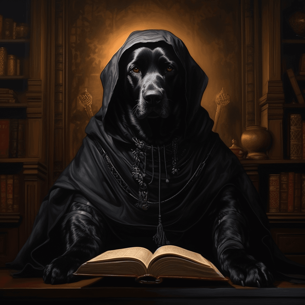 AI generated: black labrador, anthropomorphic, detailed, realistic, photorealistic, wearing elaborate black overco...