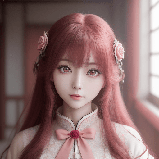 AI generated: High resolution photography, 真紅の天竺牡丹娘／23歳娘,rose color heir,rose  color eye