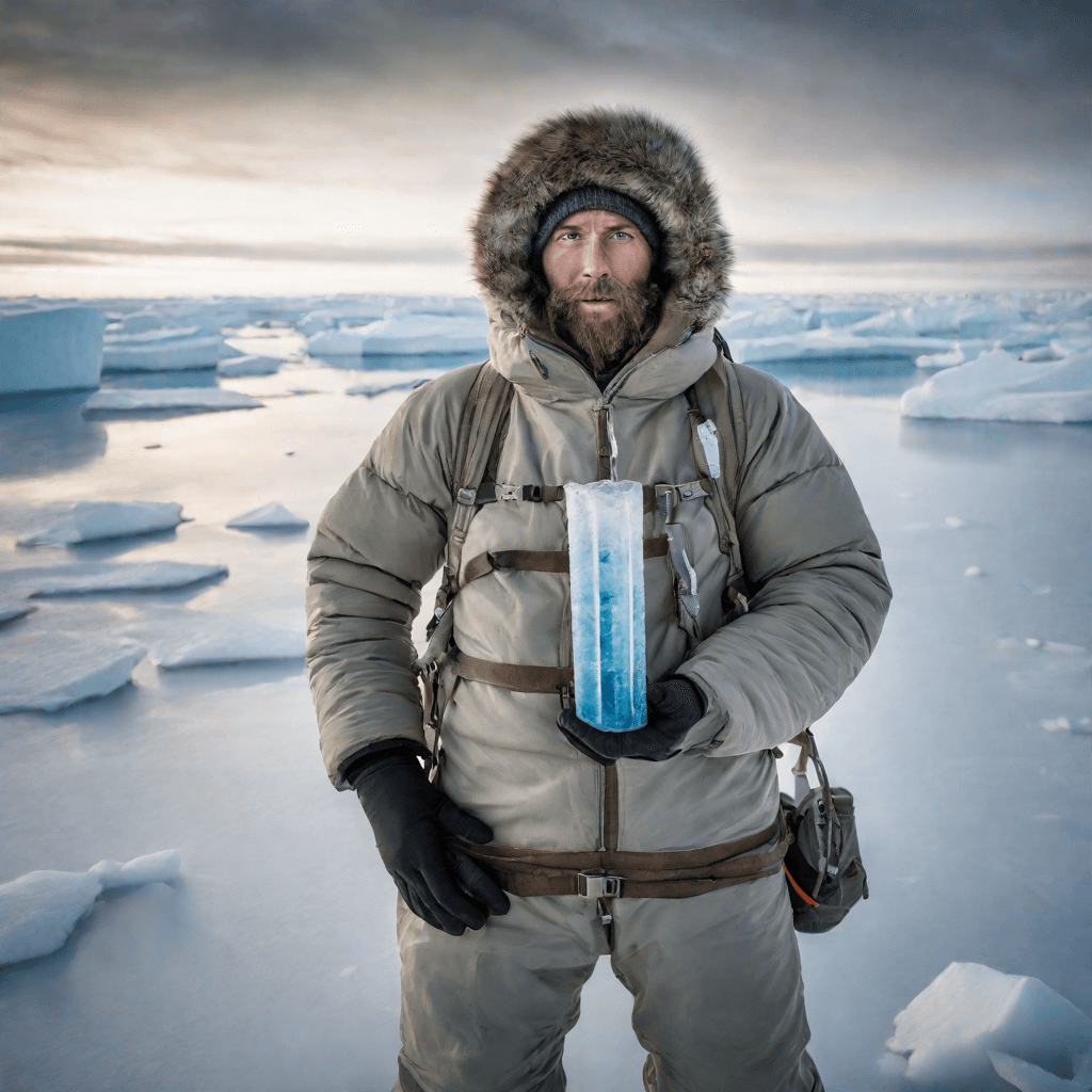 AI generated: A daring 27-year-old Arctic explorer, bundled in expedition gear and holding an ice core sample, emb...