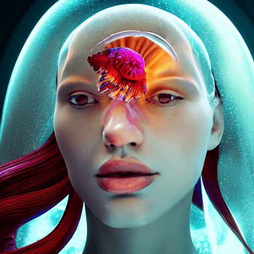 AI generated: goddess close-up portrait ribcagel. jellyfish phoenix head, nautilus, orchid, skull, betta fish, bio...