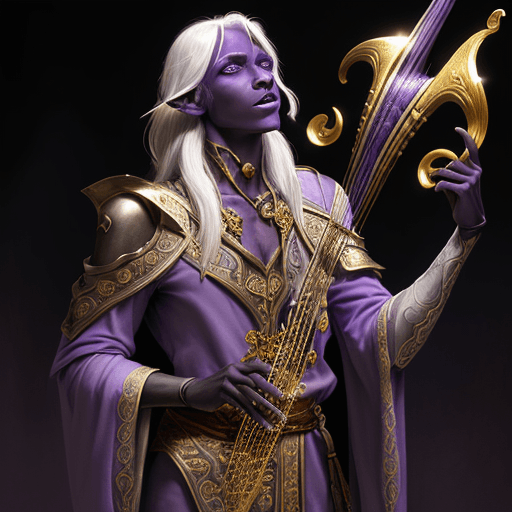 AI generated: Dungeons and Dragons 5e Male Half-Drow Bard, dark-purple skin, chaotic neutral, airbrushed fantasy a...
