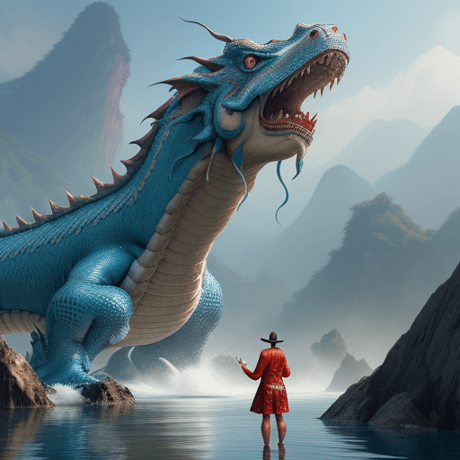 AI generated: a full wide photo shot of a person standing in the water next to a Chinese dragon, in the style of f...