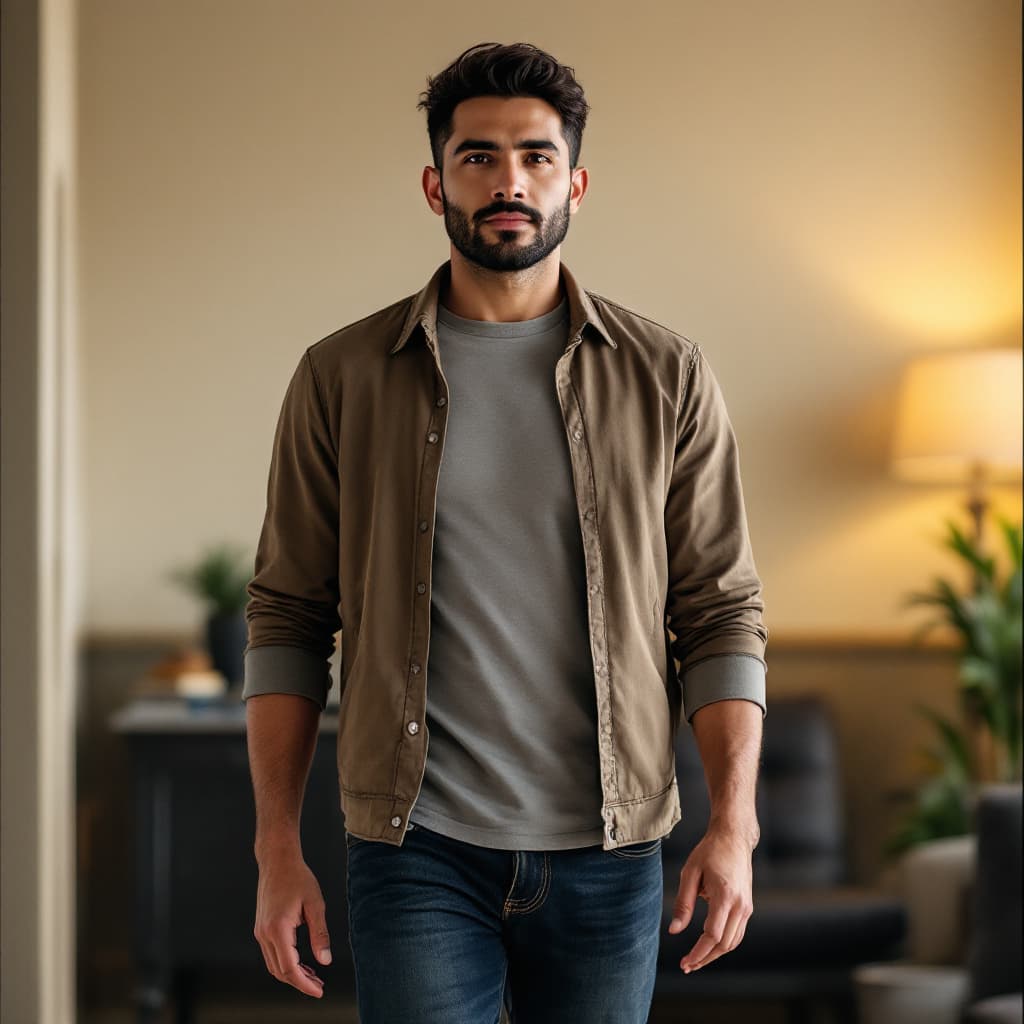 AI generated: "The Latino man in a casual outfit stands up confidently from his seat and walks steadily towards th...