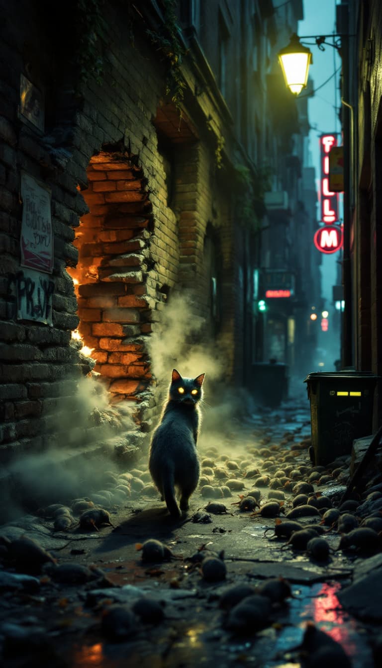 AI generated: A sleek grey cat with glowing yellow eyes walks calmly through a narrow, shadowy alley moments after...
