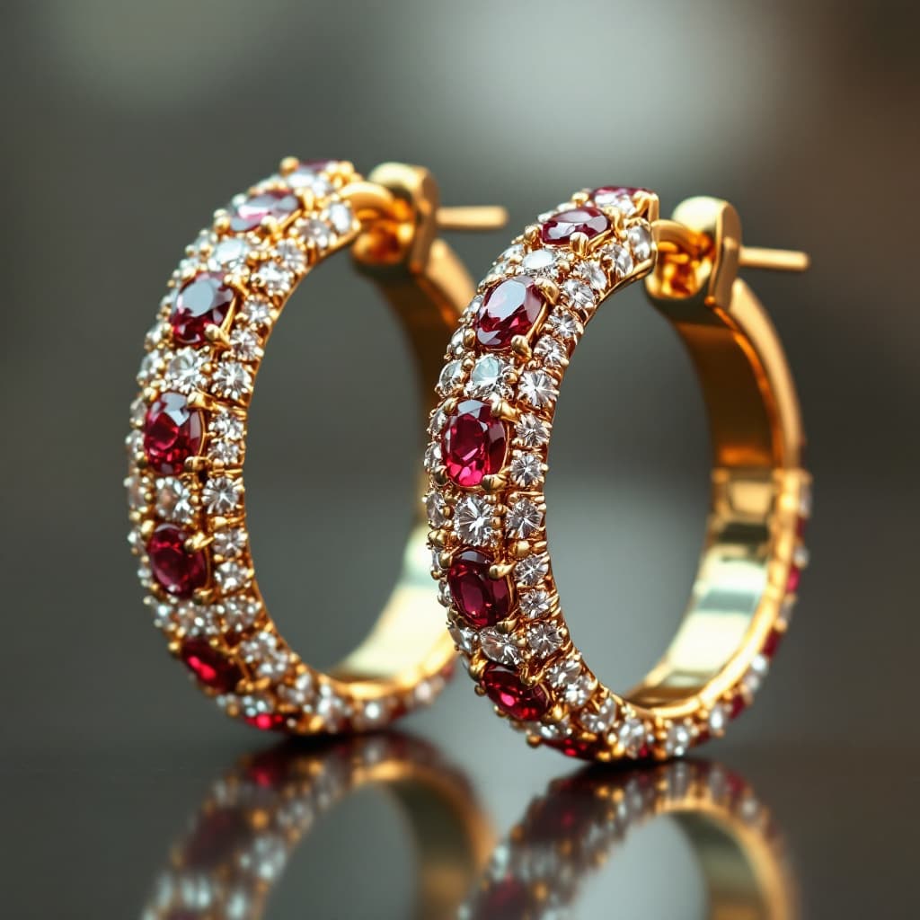 AI generated: gold earings with diamonds and rubies on it focus on only the earing models a more realistics image ...