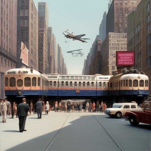 AI generated: Hyper realistic   New York city 1950s colour airplane street life trains