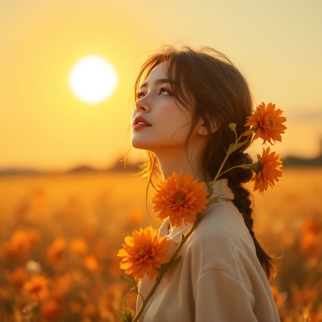 AI generated: A girl holding a huge flower, micro art, girl standing in the autumn field basking in the sun, autum...