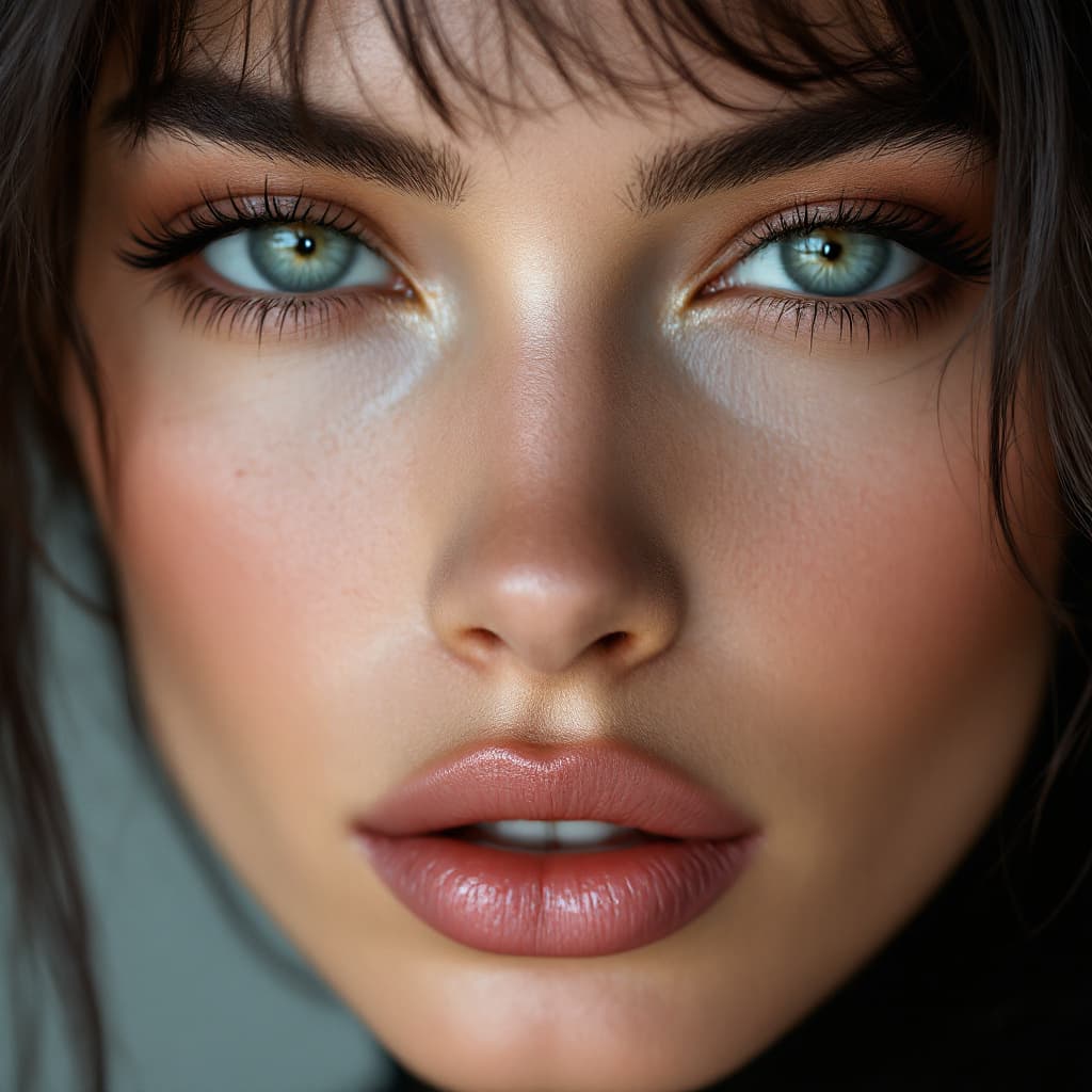 AI generated: Extreme close-up portrait, high fashion editorial portrait of a woman with dark silver brown hair, i...