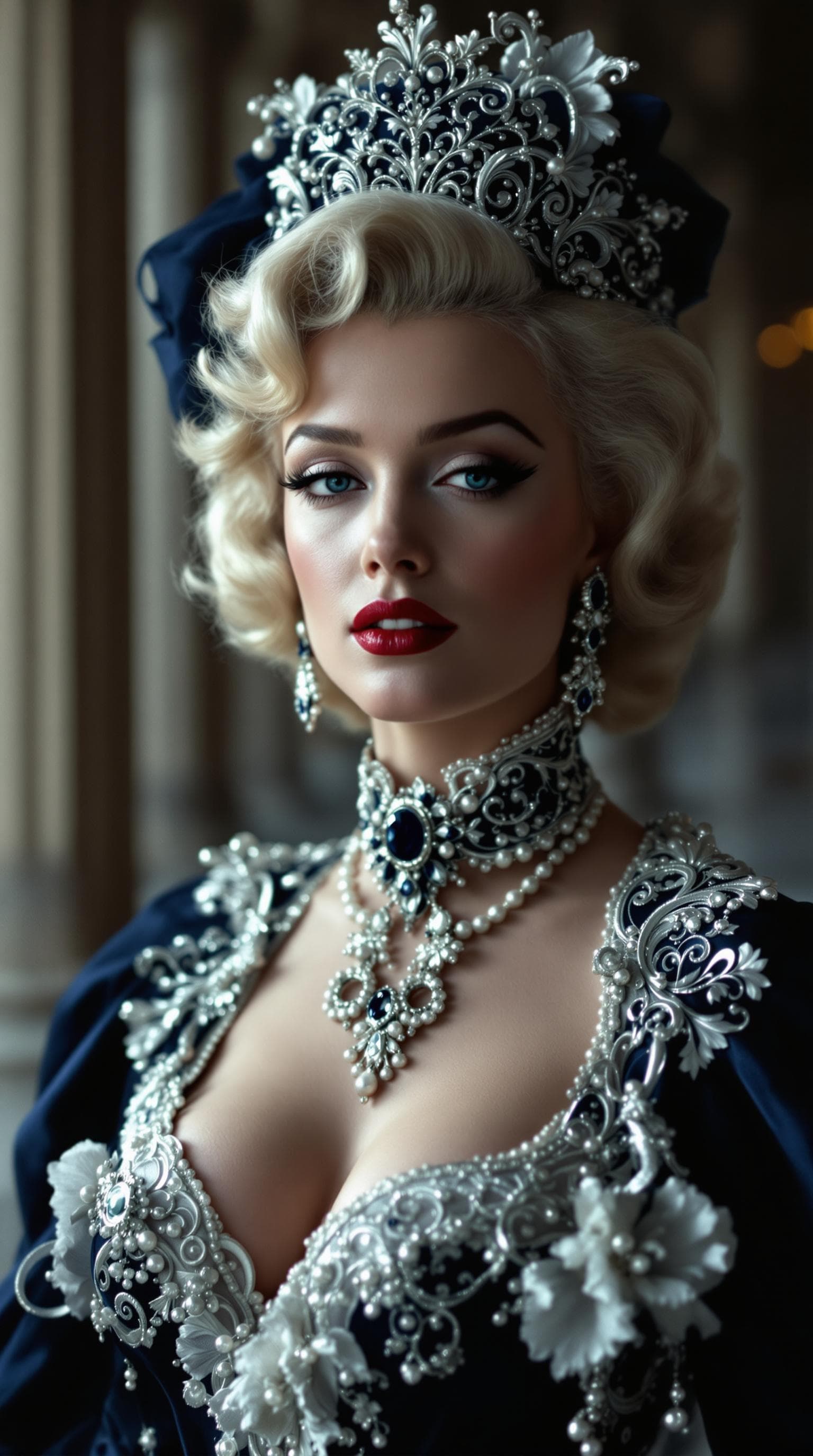 AI generated: A cinematic medium shot of Marilyn Monroe wearing a dark blue and white rococo costume with filigree...