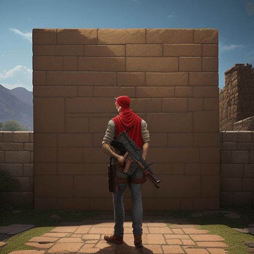 AI generated: (masterpiece,a man with a gun and a red bandana standing in front of a stone wall with a large brick...