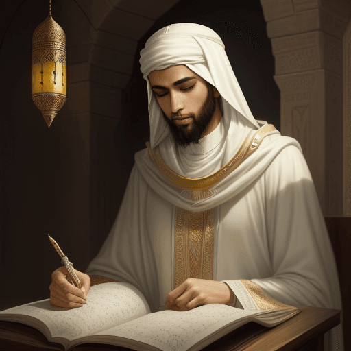 AI generated: A fantasy painting of the Prophet Muhammad sitting in peace and quiet and surrounded by a radiant li...