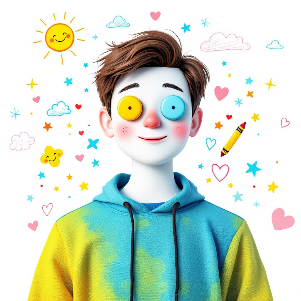 AI generated: artistic concept art, front, featuring of only colorful button expression, man, upper body, golden r...