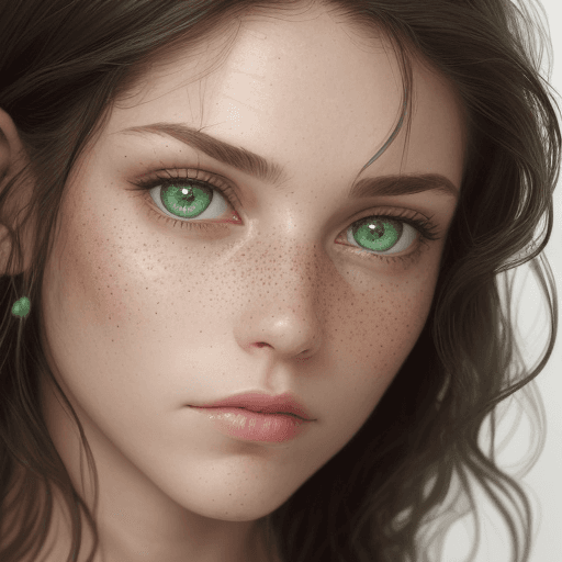 AI generated: Close-up portrait of a woman with green eyes, light freckles, and dark hair styled in loose tendrils...
