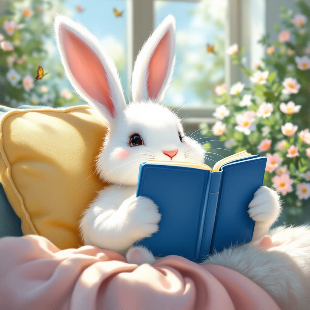 AI generated: Oil painting: A white rabbit with long ears is lying on the sofa, reading a deep blue book cover of ...