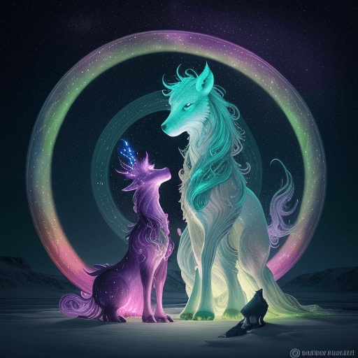 AI generated: Mythical creatures, glowing in chromatic hues, bathed in the celestial light of the northern lights ...