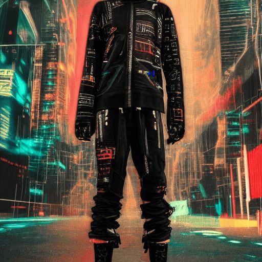 AI generated: cyberpunk techwear neon streetwear look and clothes, we can see them from feet to head, highly detai...