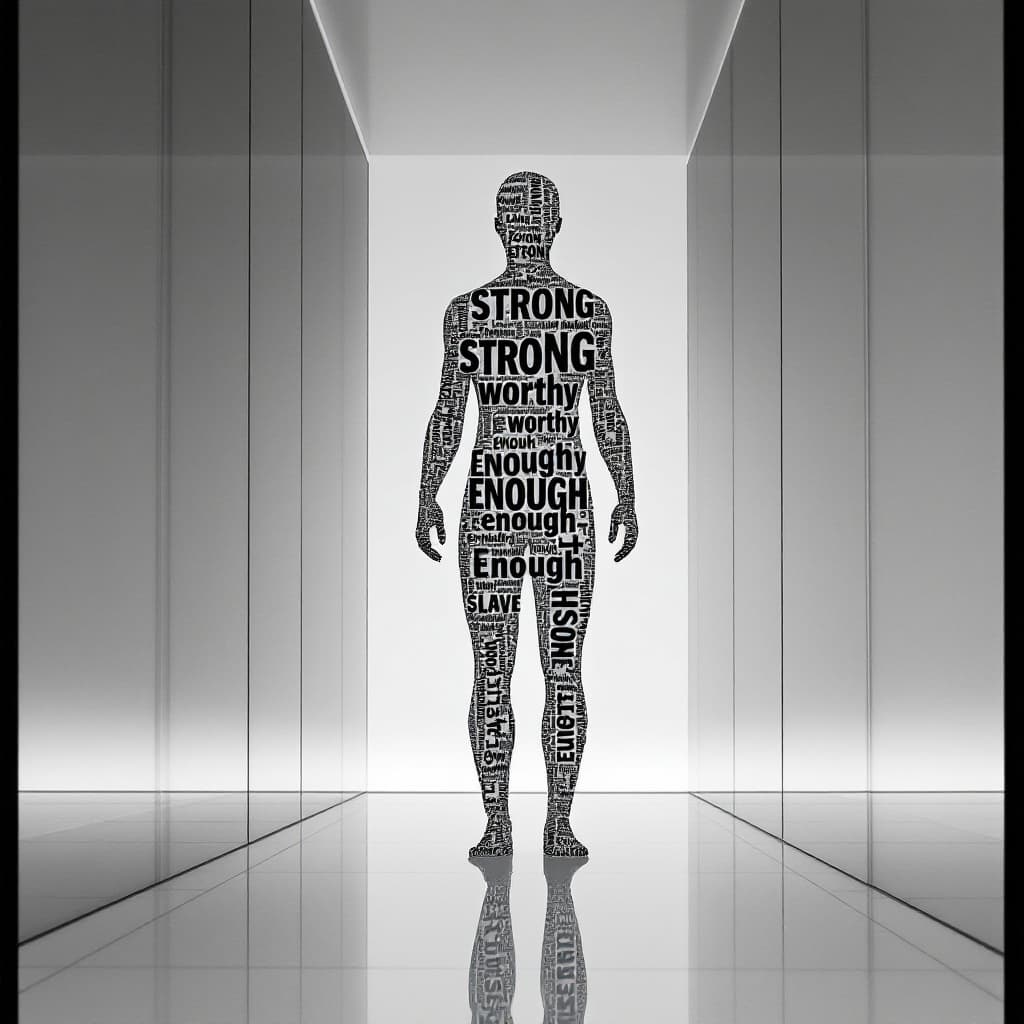 AI generated: A human silhouette composed of words like "strong," "worthy," and "enough," standing proudly in a mi...