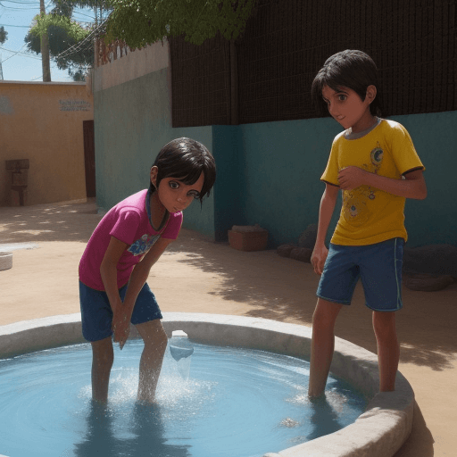 AI generated: Niños de 8 años jugando con agua, imagen animado 
