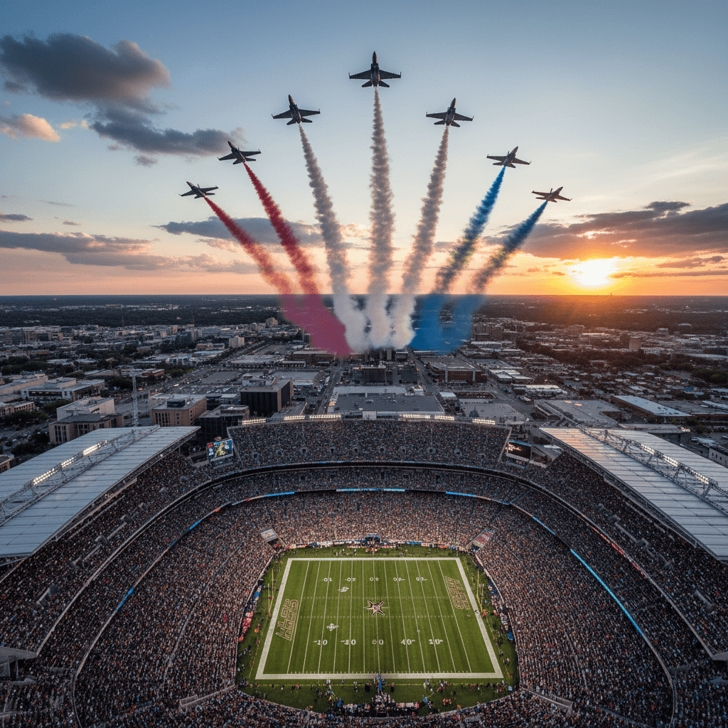 AI generated: A jet flyover at a stadium — wide aerial shot, smoke trails glowing red, white, and blue"