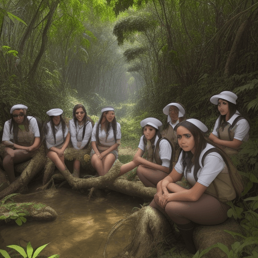 AI generated: quiero una docente, en medio de la selva, con 5 alumnos