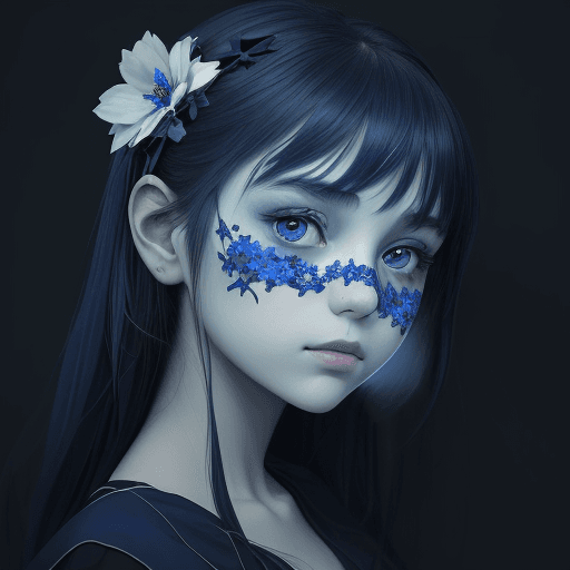 AI generated: a beautiful picture of a girl with blue flowers on her face, in the style of monochromatic paintings...