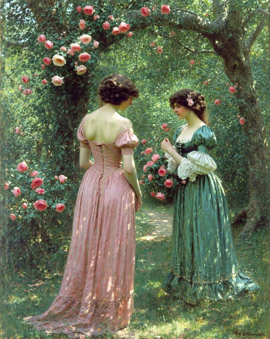 AI generated: Recrie a pintura 'O Jardim Encantado' de John William Waterhouse, retratando duas mulheres em um jar...