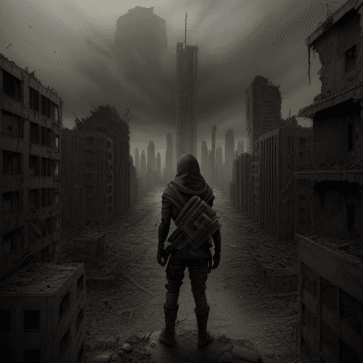 AI generated: Ruined post-apocalyptic city. Small Hooded person from the back. 