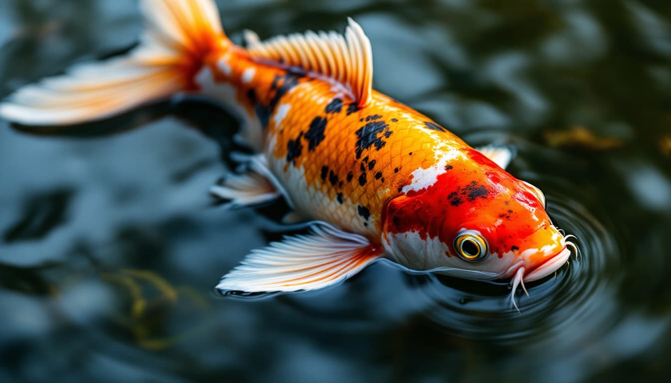AI generated:  a highly detailed, close-up (macro view) of a koi fish in a serene natural pond, the symmetrical fi...