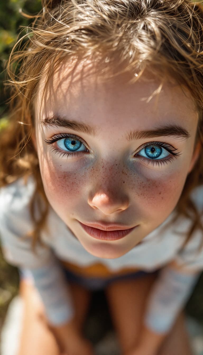 AI generated: close up (depth of field) overhead photo of sweet innocent shy petite little preteen schoolgirl sitt...