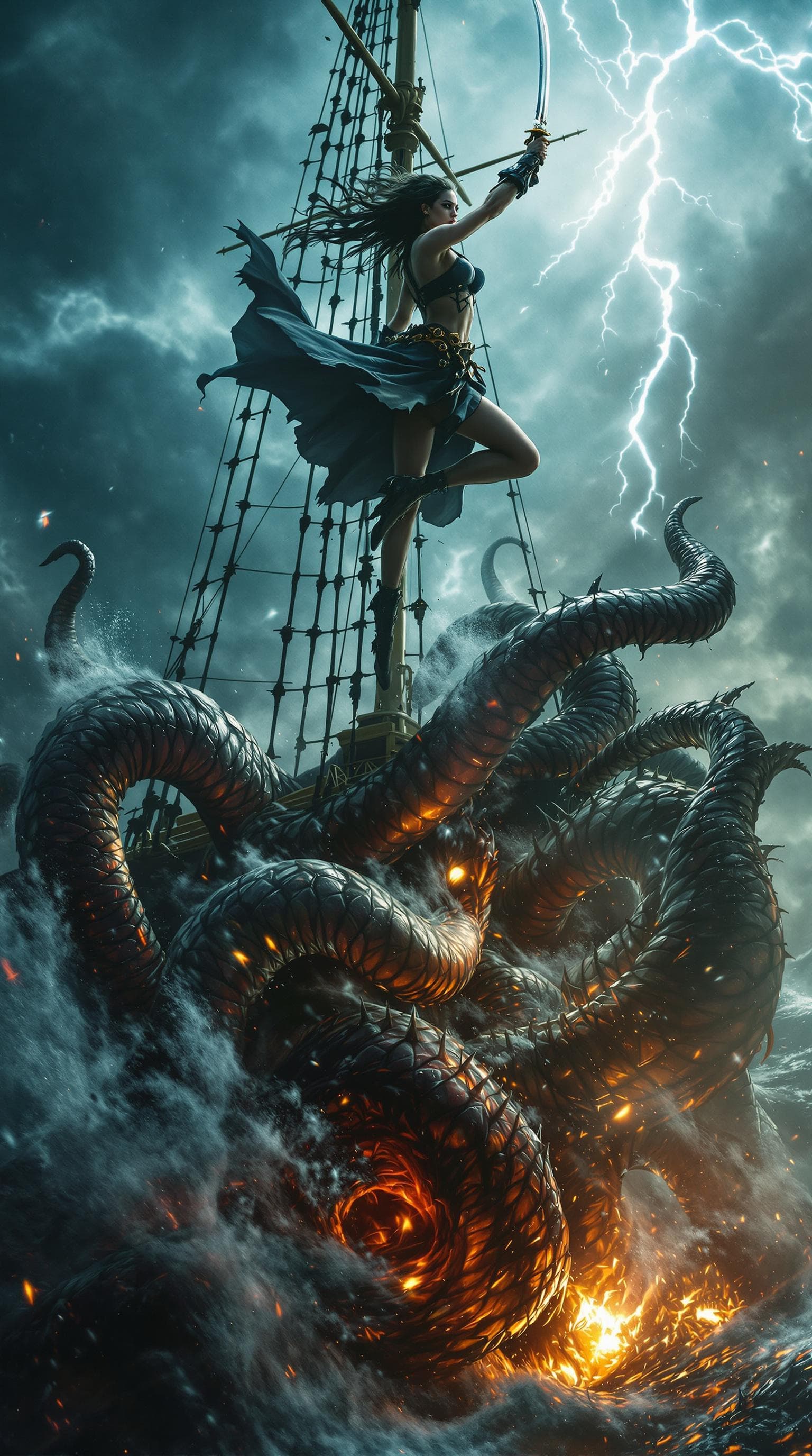AI generated: Movie quality Side view Action scene: Amidst the tempestuous Caribbean sea, a beautiful but fierce a...