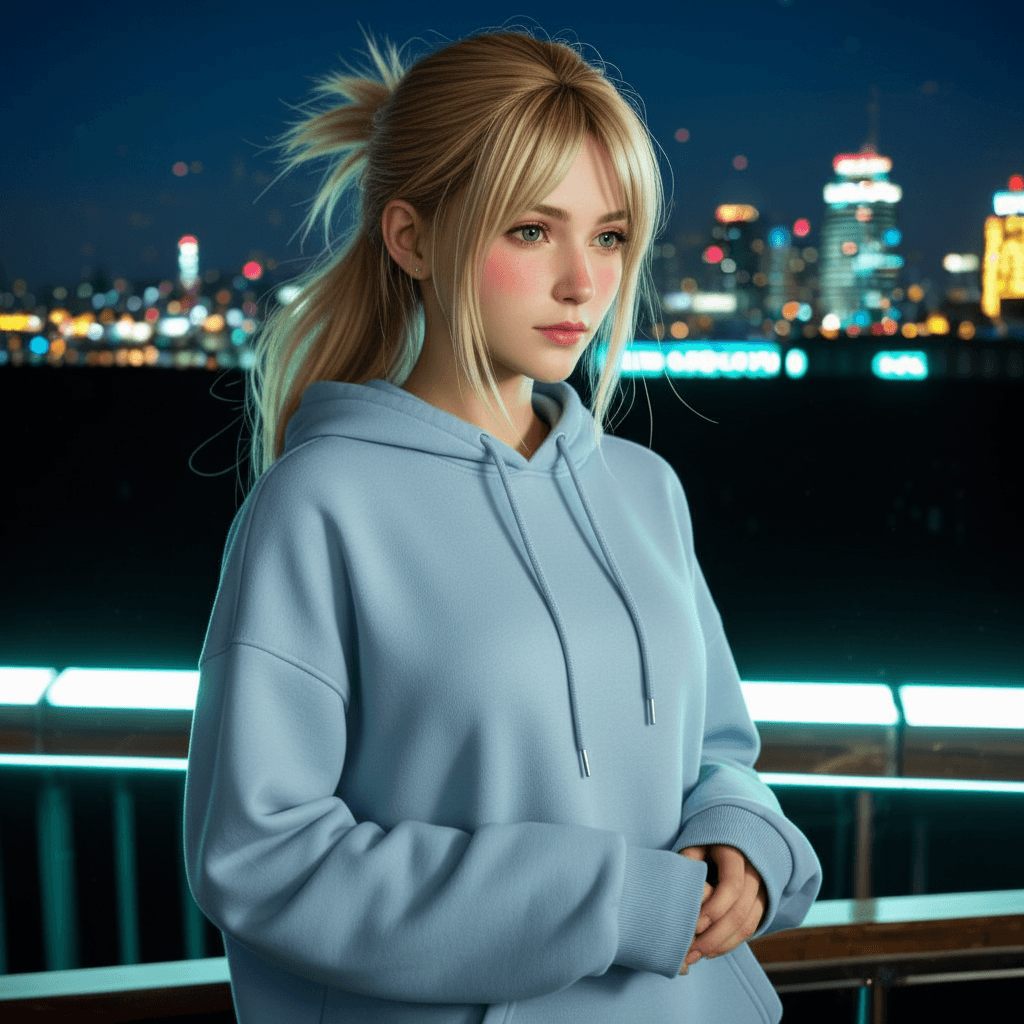 AI generated: 1 girl 17 years old, pretty, blushing, shy, alone, blonde hair, bangs, ponytail, green eyes
