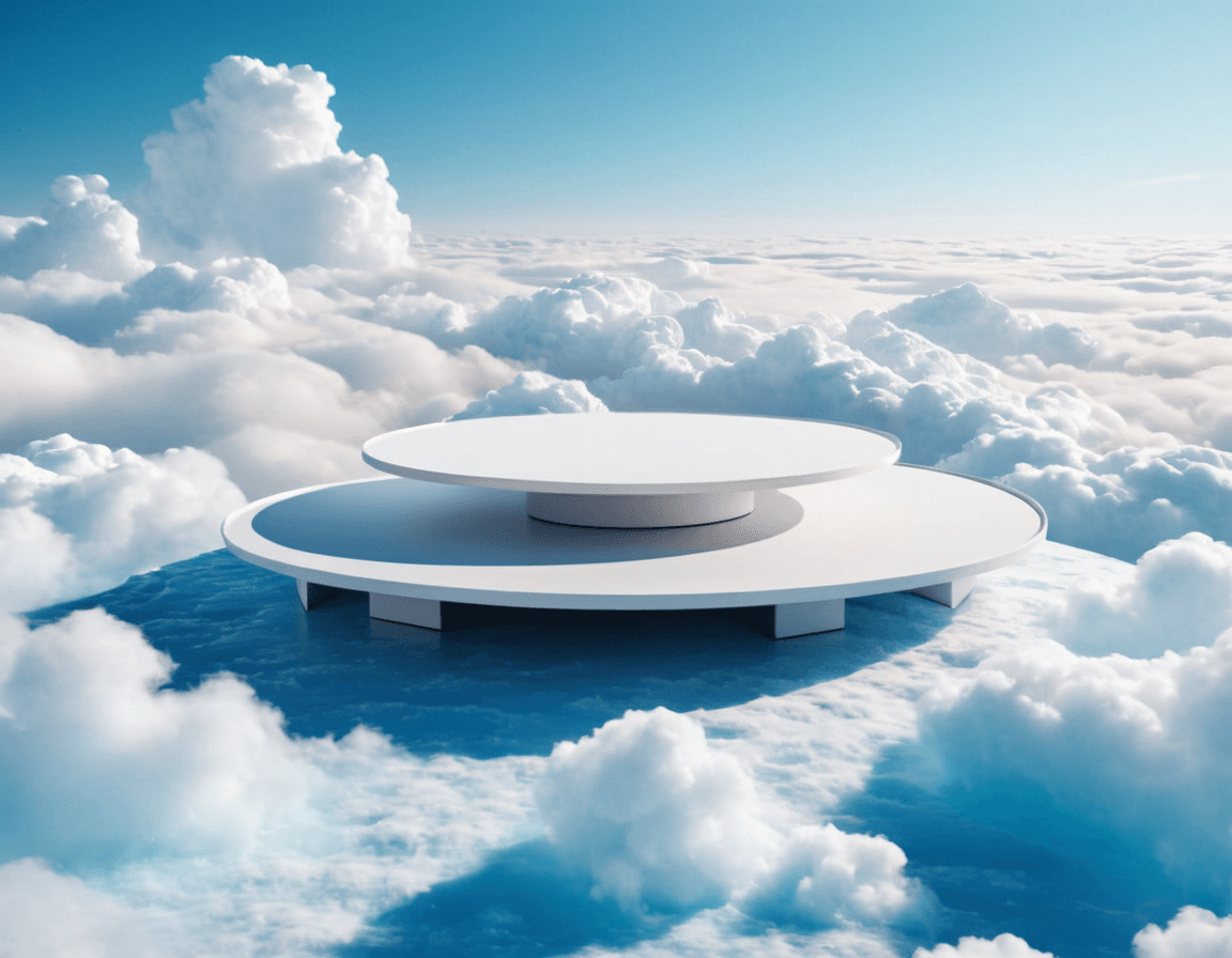 AI generated: a white platform in the middle of the clouds, trending on cg society, sky blue and white color schem...