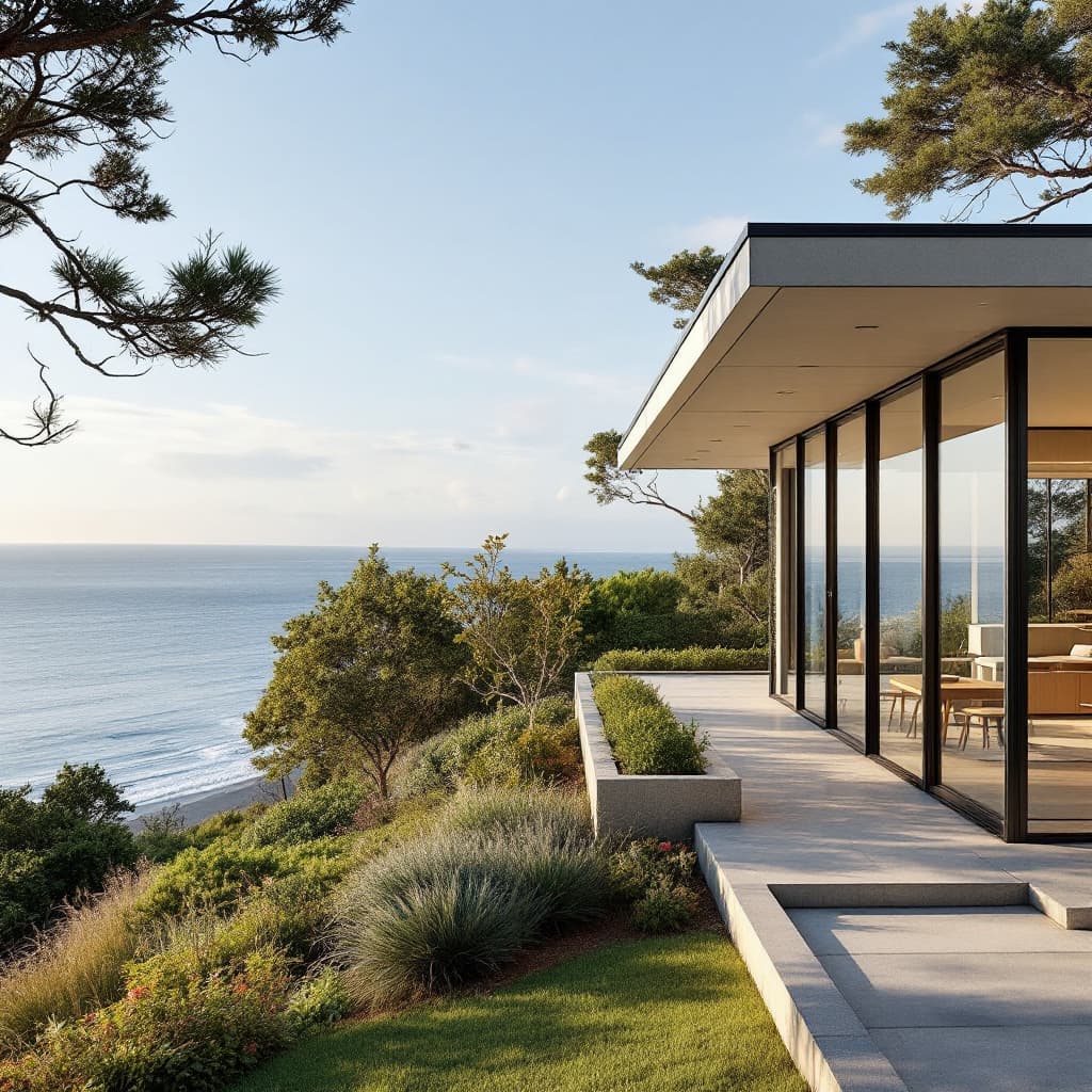 AI generated: Hyper realistic eye level exterior photo of a mid century modern style house overlooking the ocean, ...
