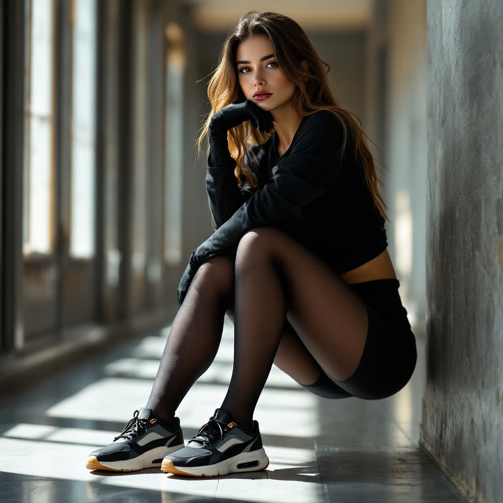 AI generated: an female student with sheer black pantyhose, sportswear and sneakers, sheer black gloves  , full bo...