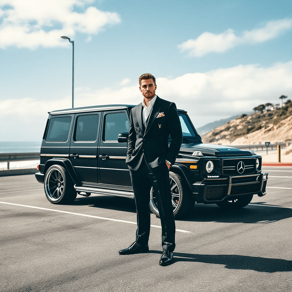 AI generated: A white male wearing a Louis Vuitton suit and dress shoes poses in front of a Mercedes G station wag...