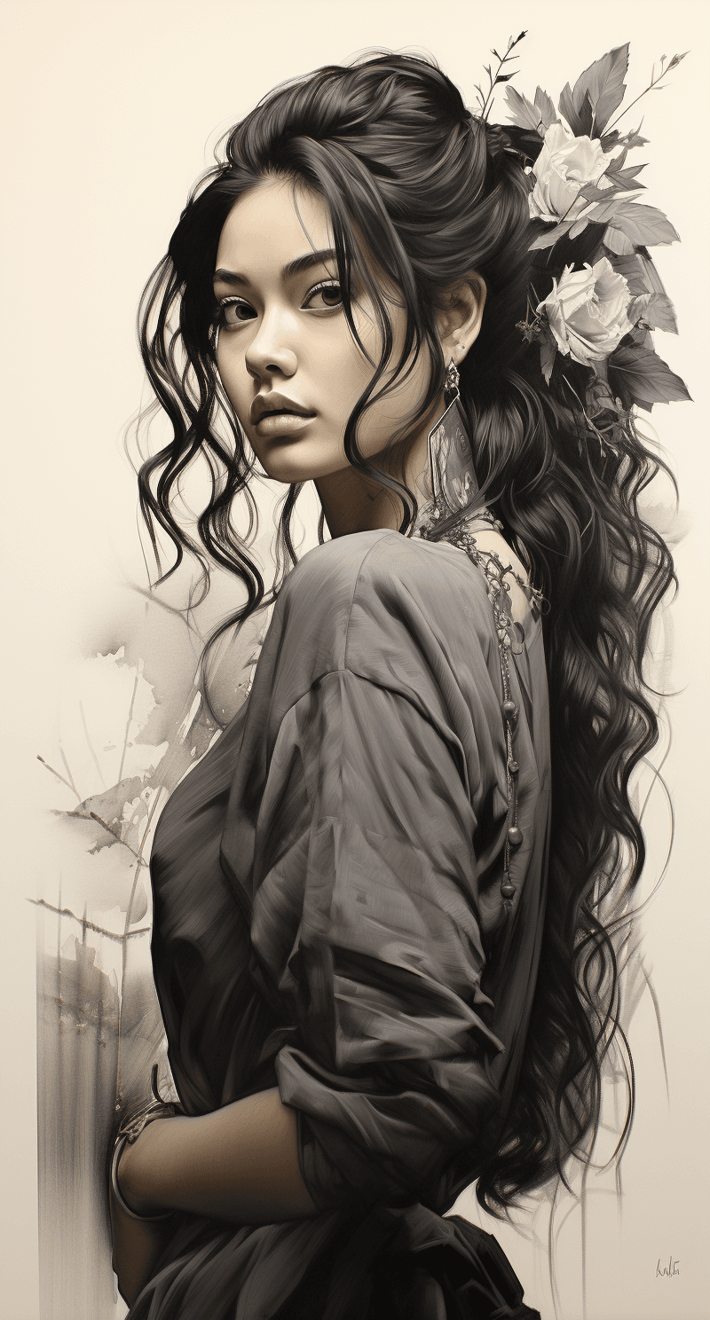 AI generated: a stunning sketch of a beautiful Japanese woman wearing a kimono, side view, in the style of pencil ...