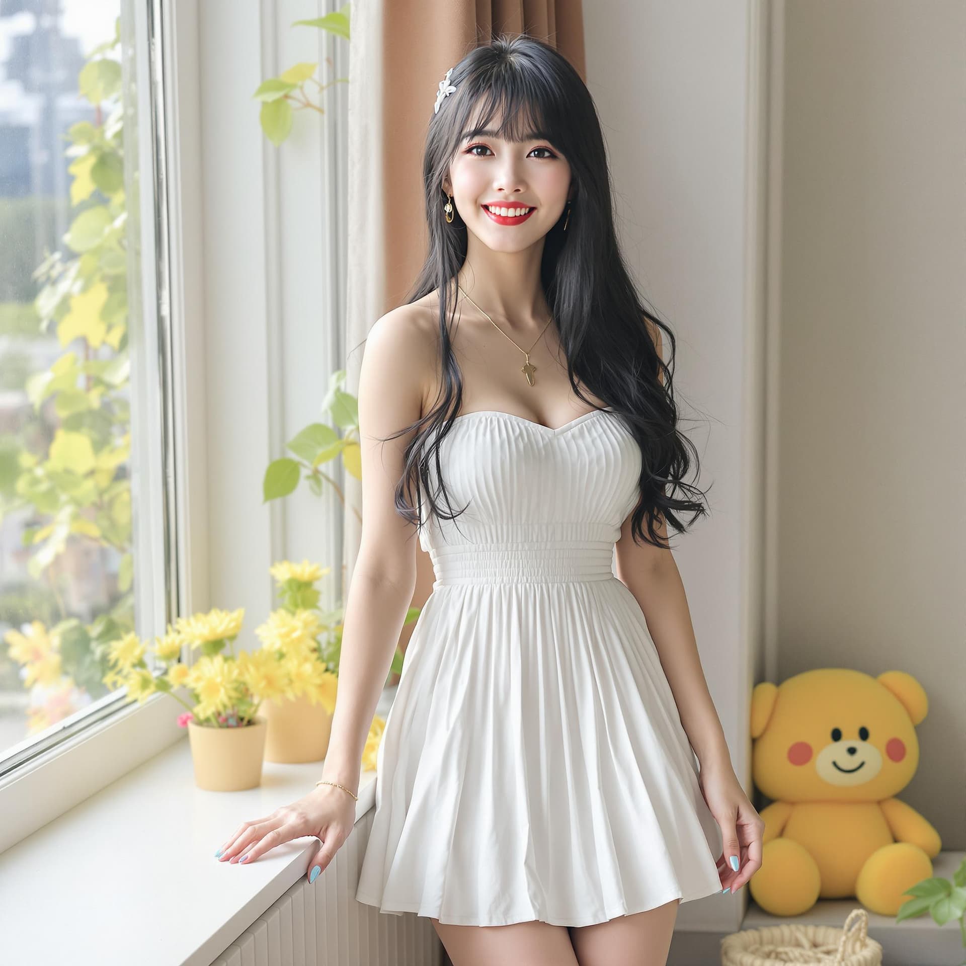AI generated: a woman Koren girl , Koren ulzzang face, standing near the window, black hair, bangs, wearing a whit...