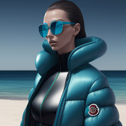 AI generated: Fashion shoot, Jacquemus and Moncler collaboration: dark   turquoise translucent futuristic sunglass...